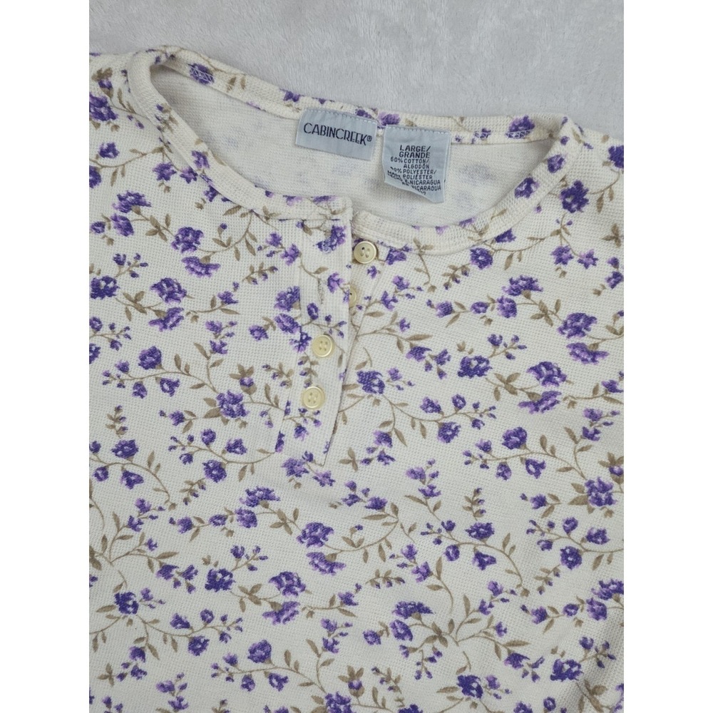 Vtg 90s Floral Waffle Henley Thermal Top Cabin Creek Cottage Womens Size L